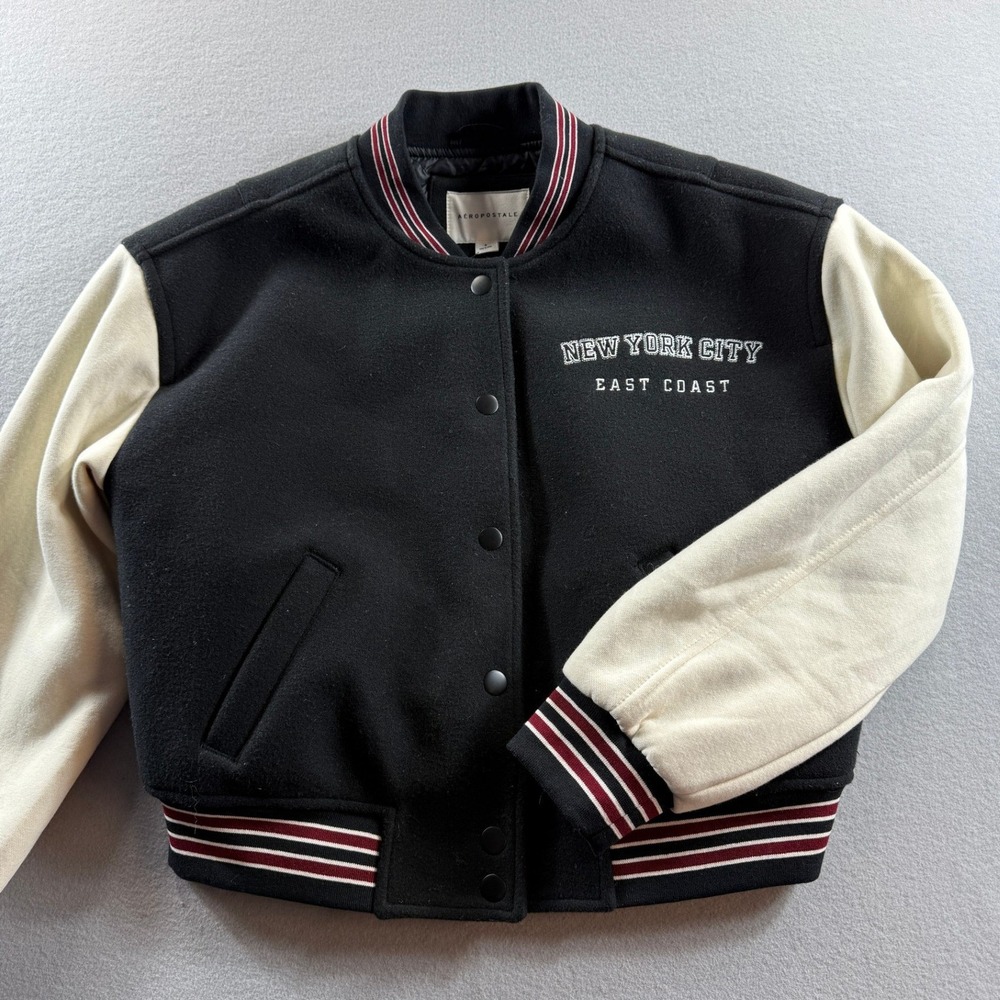 Aeropostale Varsity Jacket Women Small Black New York City East Coast Quilted
